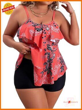 Plus Size Tankini Set with Shorts Tummy Control Flounce Swimwear